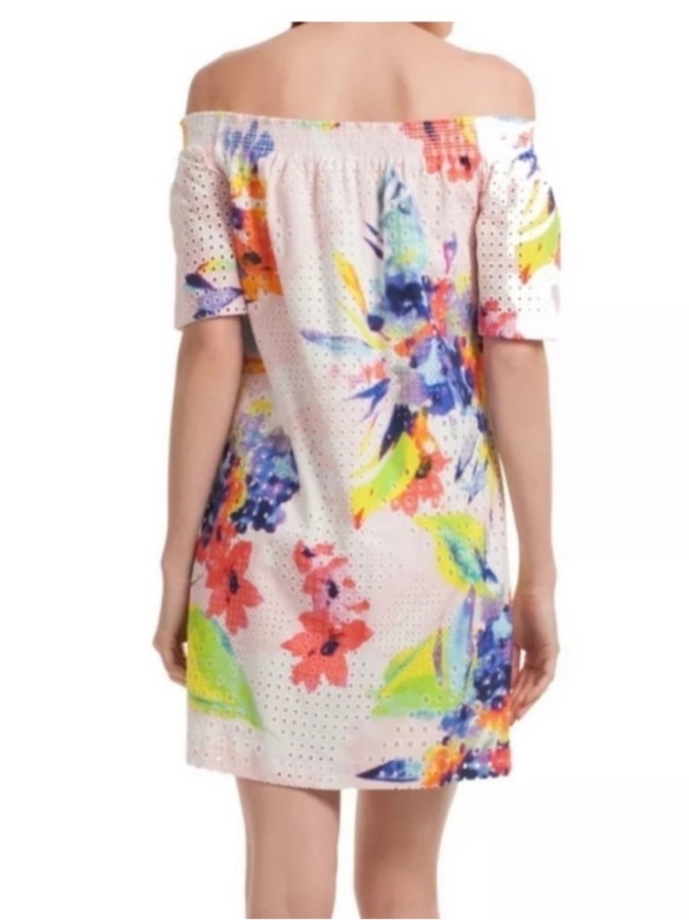Trina‎ Turk Savilla Off Shoulder Eyelet Floral Tropical Multicolor Dress SZ M - Picture 3 of 9